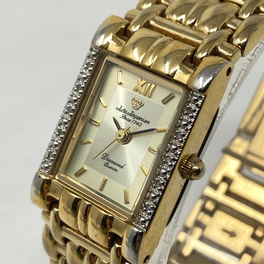Vtg Jules Jurgensen Diamond Tank Watch Women 19mm Gold Tone New Battery 7.25"